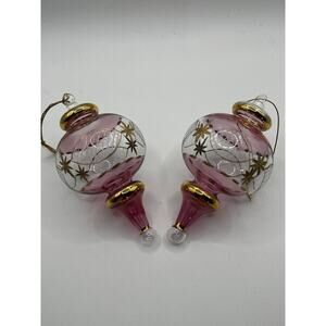 Hand Blown Cut Glass Ornaments Cranberry Pink & Clear With Gold Etched Trim PAIR